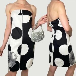 Cache strapless polka dot flower mini dress white‎ black floral vintage Y2K 4